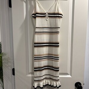 Elegant Striped Knit Dress - Cream, Black, Brown